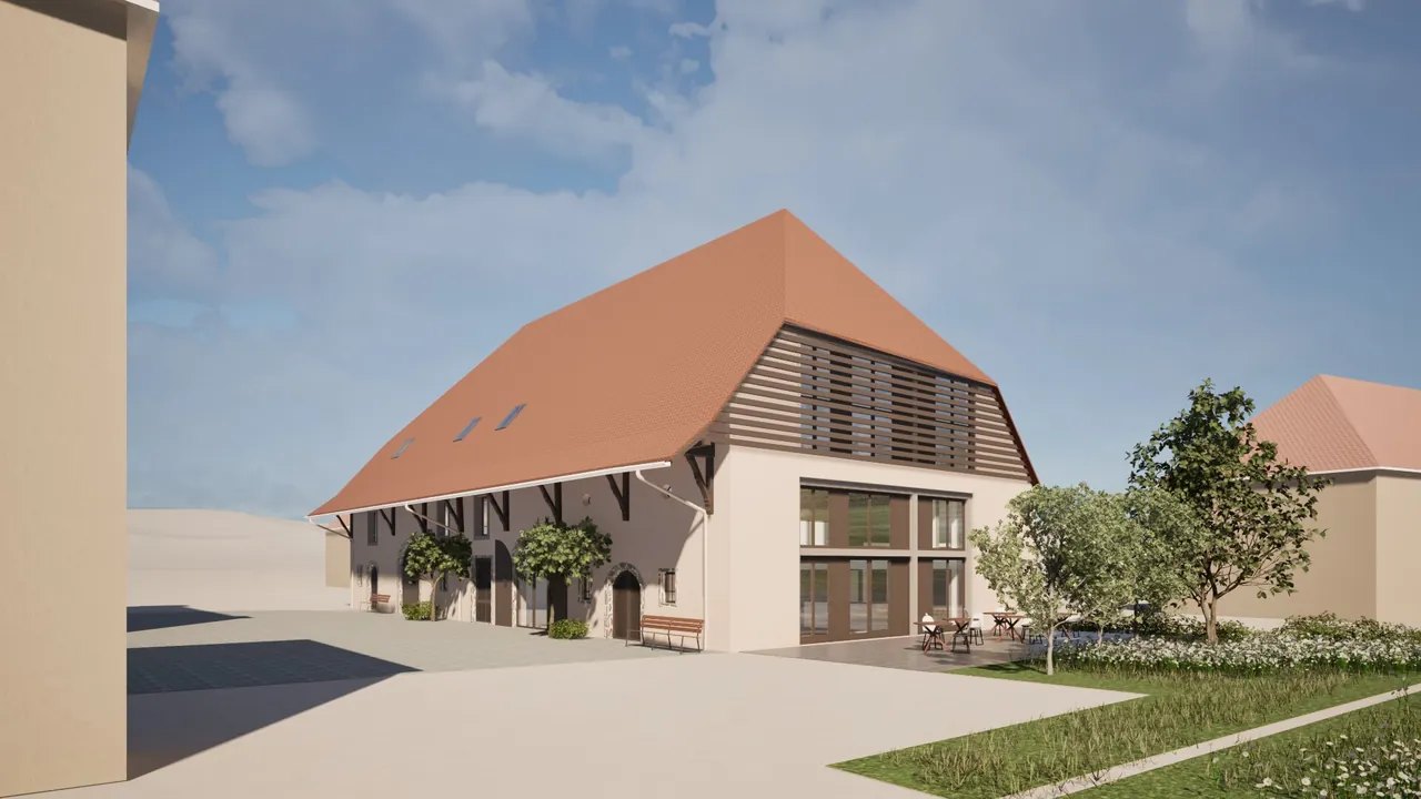 Rendu de la ferme de Novel rénovée : bâtiment en pierre avec sa charpente d'origine, ouvert sur le quartier
