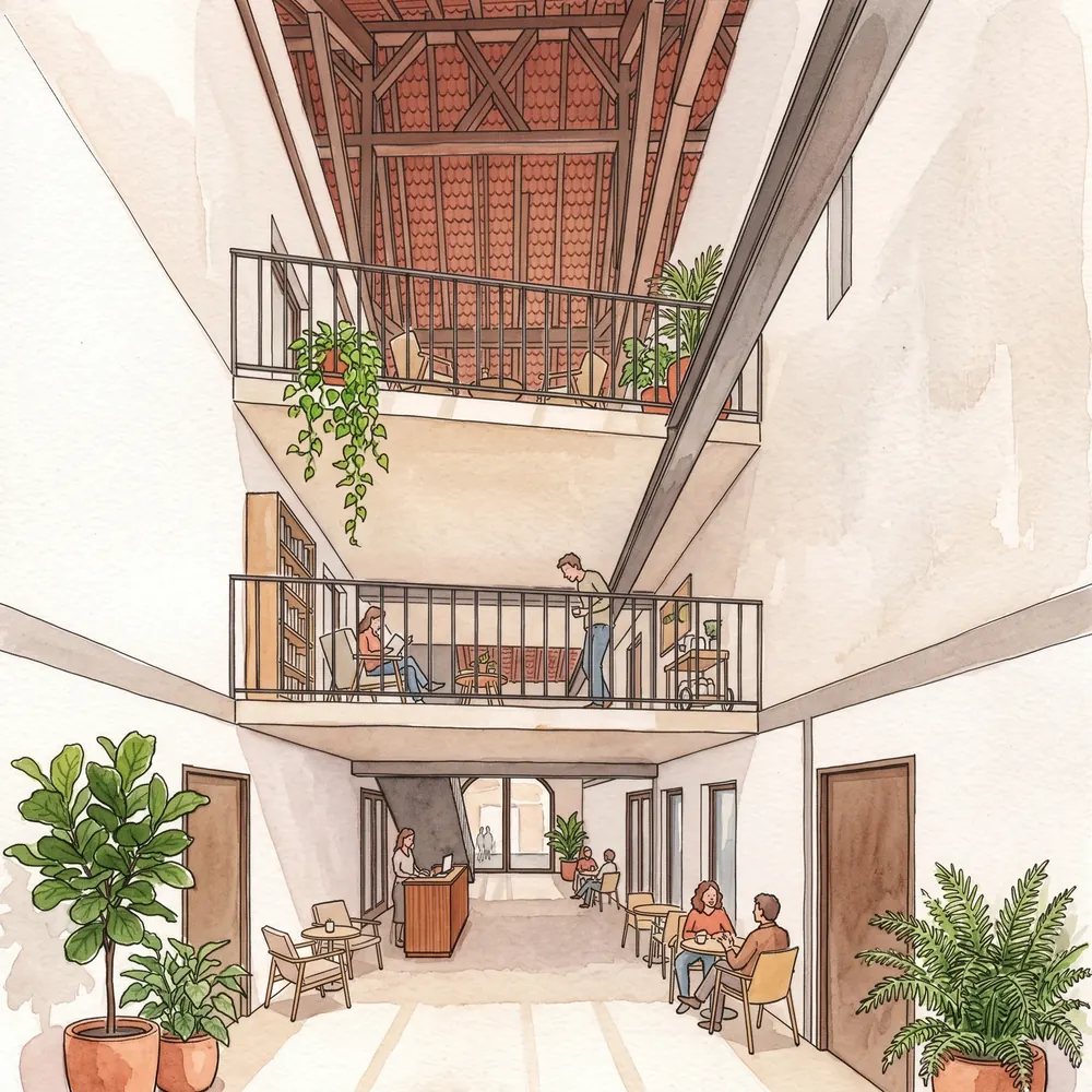Rendu de la ruelle intérieure de la ferme rénovée, un espace de rencontre sous la charpente